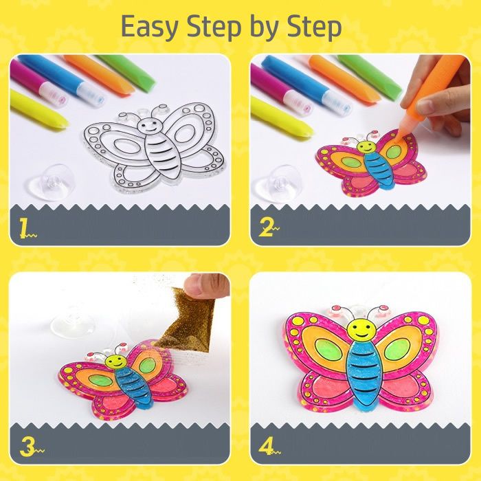 Step-by-step guide to coloring a butterfly with markers on a yellow background
