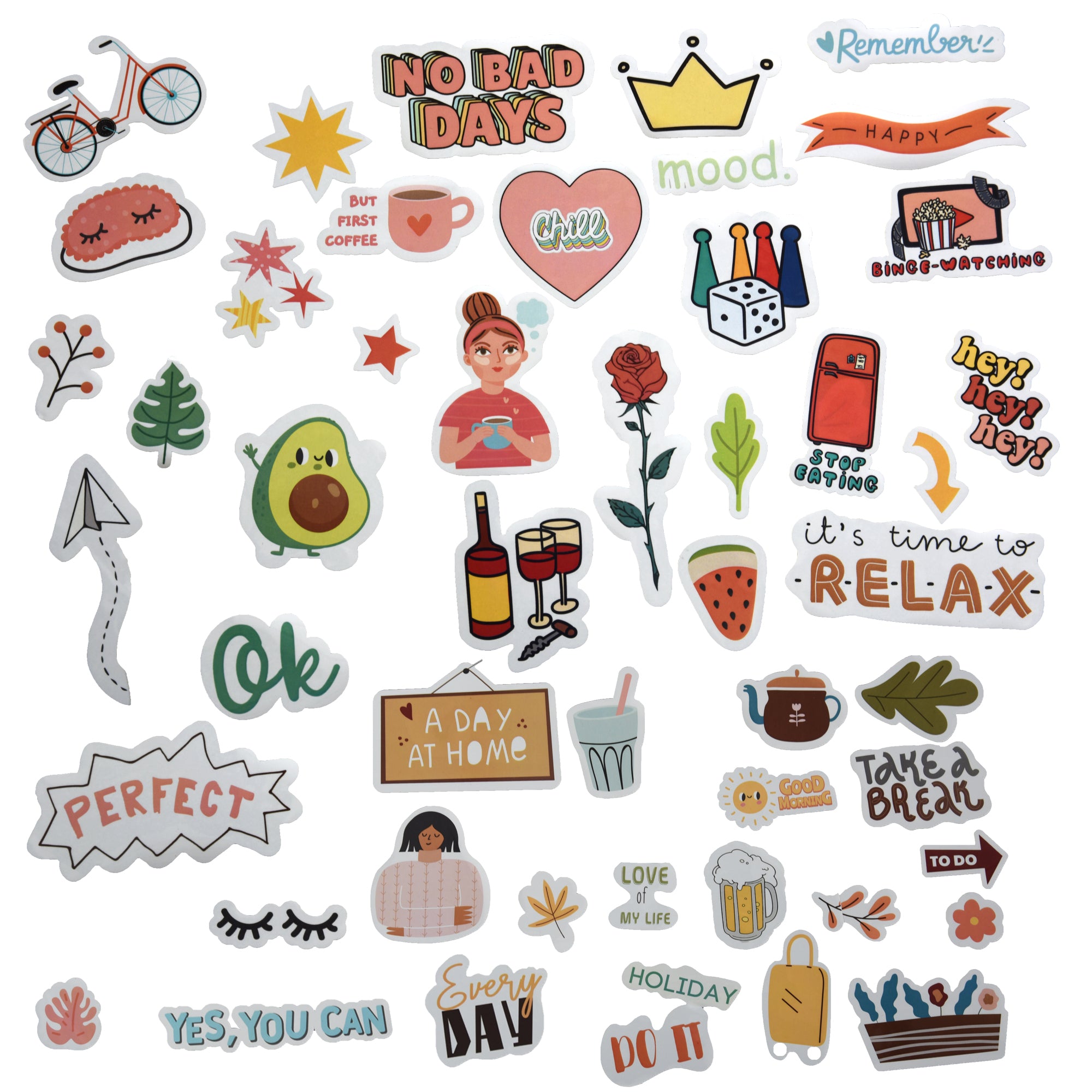 Collection of colorful stickers with various designs and text on a white background