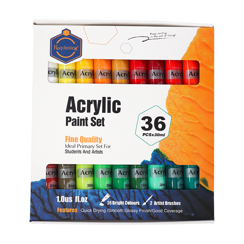 Acrylic paint set packaging with 36 bottles of paint. Ideal for artists and students