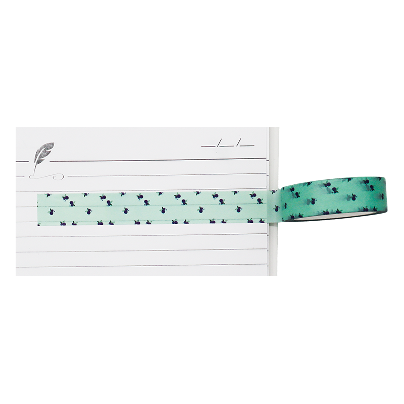A charming washi tape with pattern of dark berries and leaves on a refreshing mint green background.