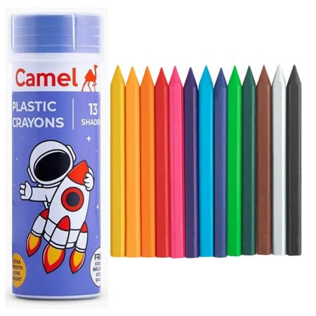 Camel plastic crayons in a blue tin container with 13 colourful crayons displayed.