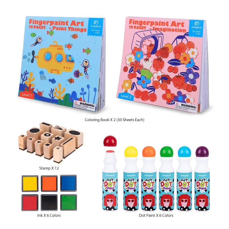 First Dot Art Kit comes with 2 Colouring Books, 12 Stamps, Ink 6 colours and 6 Dot Colours