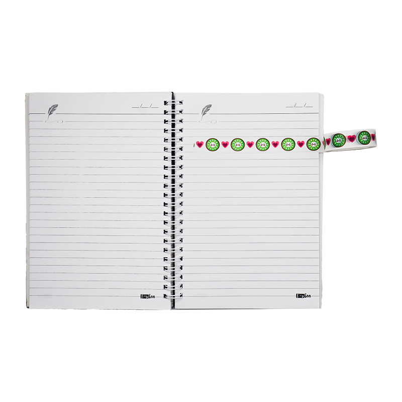 Delightful washi tape features a cheerful, repeating pattern of smiling kiwi fruit slices alternating with bright red hearts.