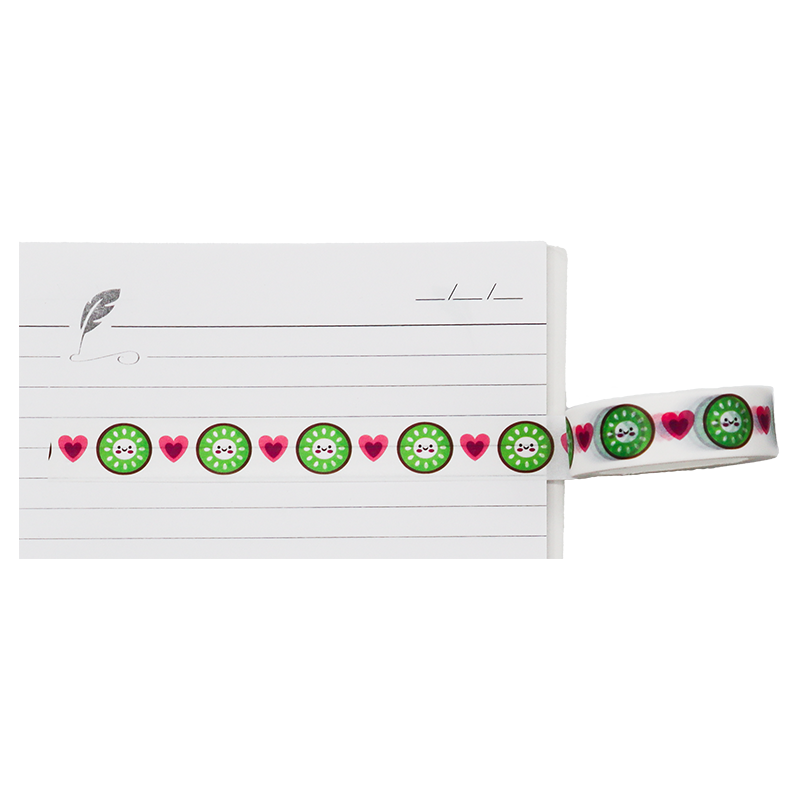 A playful pattern of smiling kiwi slices and bold red hearts washi tape.