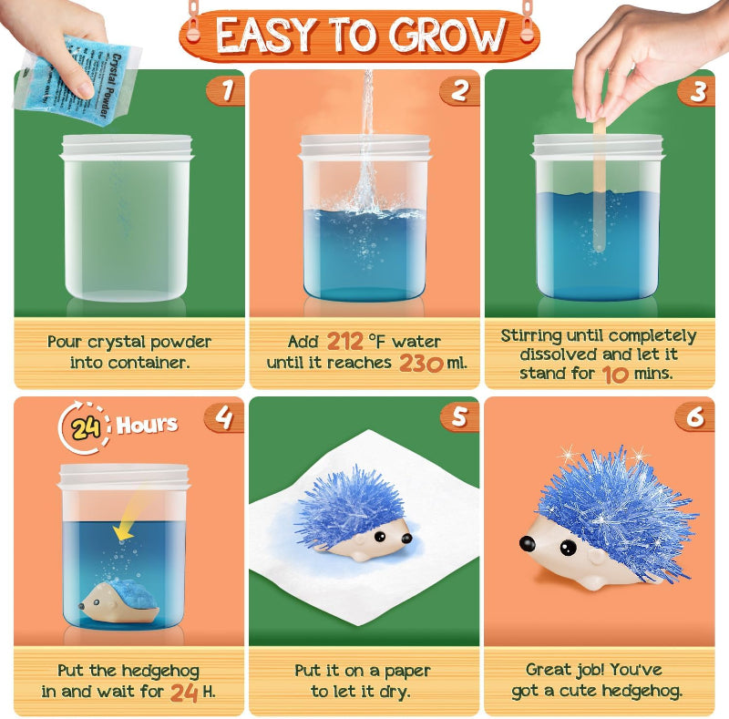 Step-by-step graphic illustrating the process of pouring powder, adding hot water, stirring, inserting hedgehog base, waiting 24 hours, and drying.