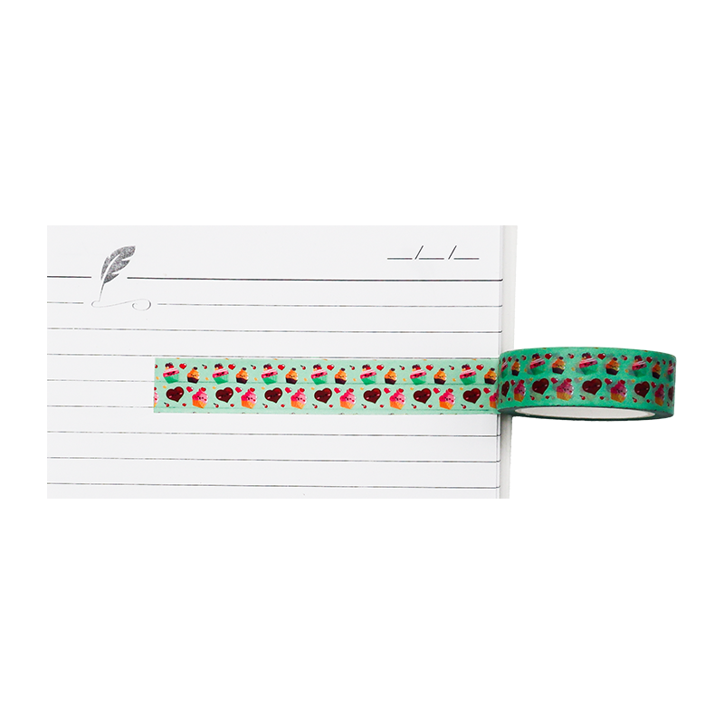 delightful washi tape features a playful, repeating pattern of colourful cupcakes, cherries, and hearts