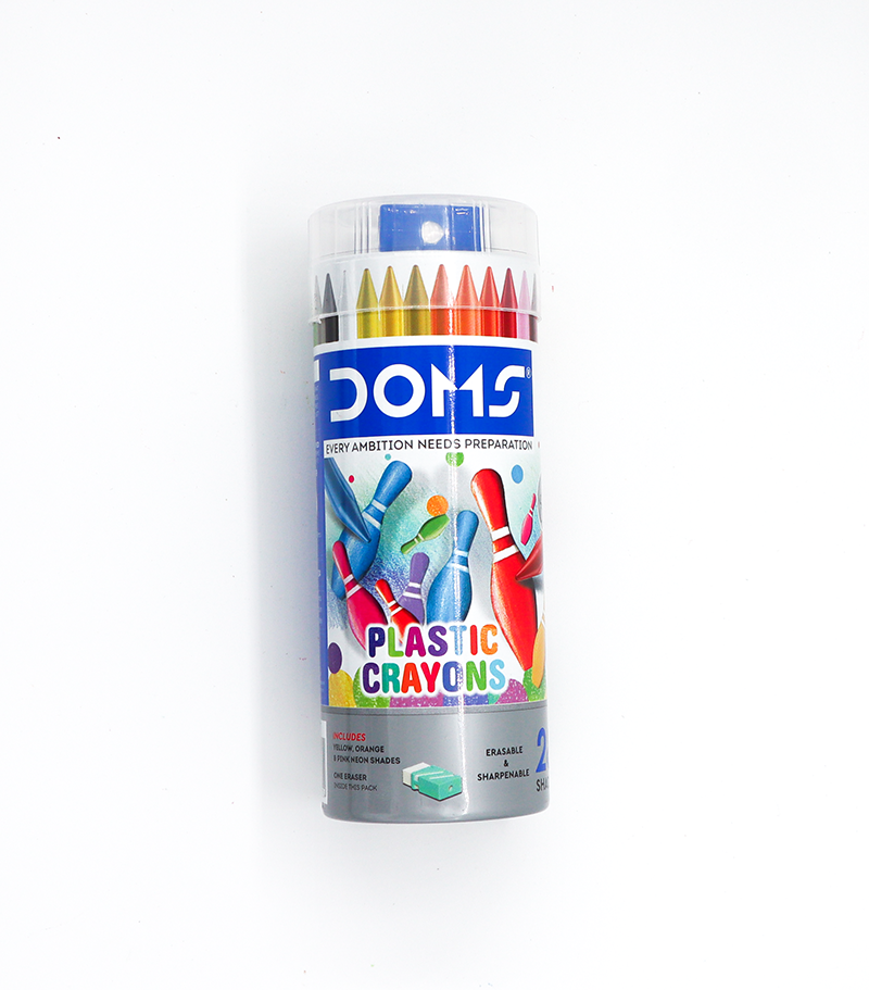 DOMS Plastic Crayons 28 Shades Round Tin Packing