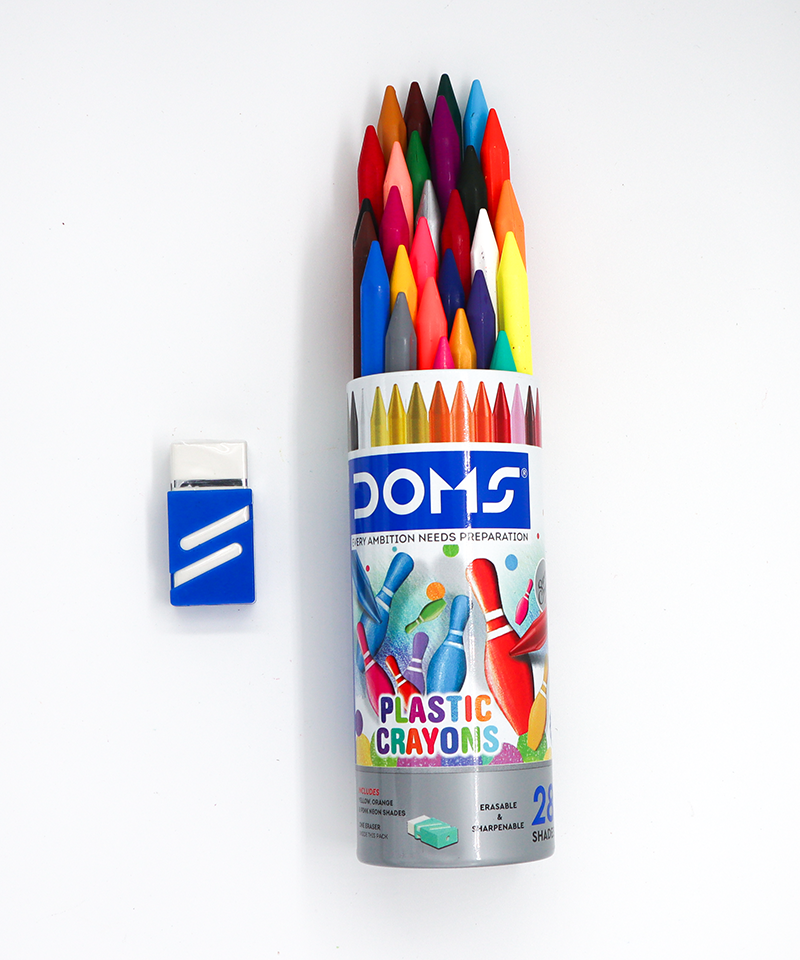 Tube of DOHS plastic crayons with colorful crayons on a white background