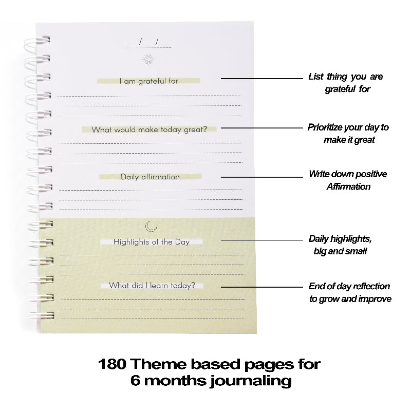 Journal with prompts for daily reflection and journaling. 180 theme based pages