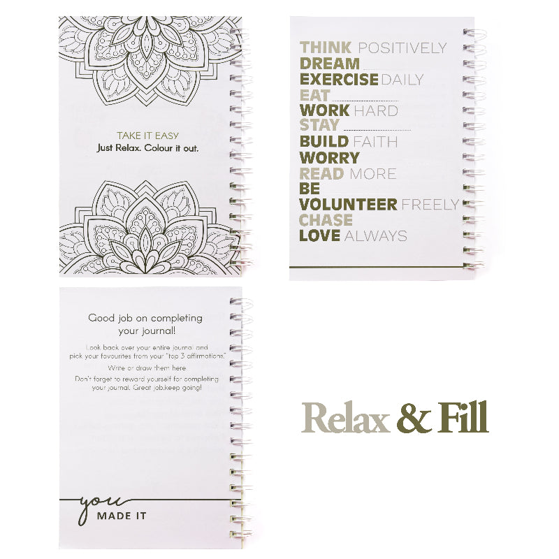 Three spiral-bound journals with mandala designs and motivational text on a white background.