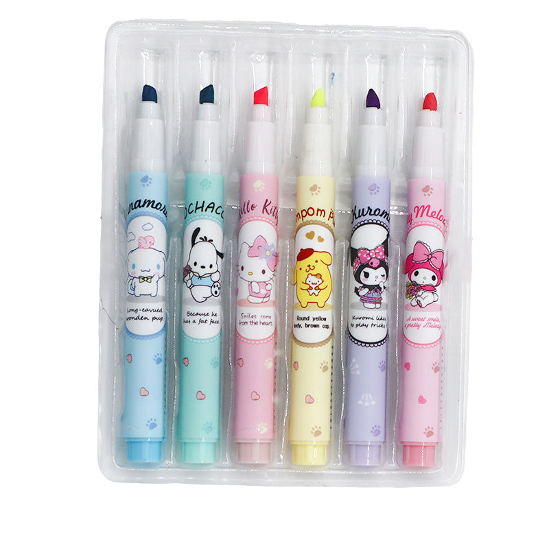 Kawaii Pastel Fluorescent Marker Pen Set – 6pcs Double-Tip Highlighters