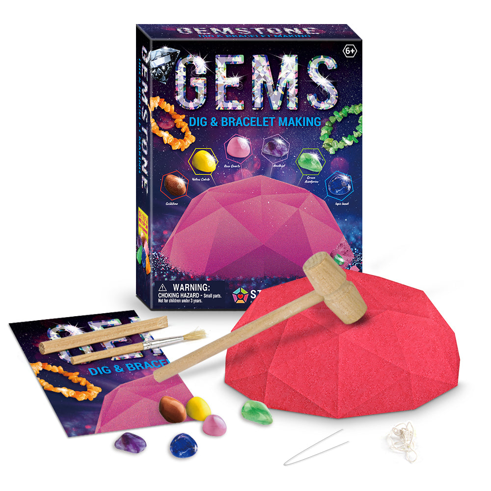 Gemstone digging and bracelet-making kit with packaging, gemstones, and tools on a white background