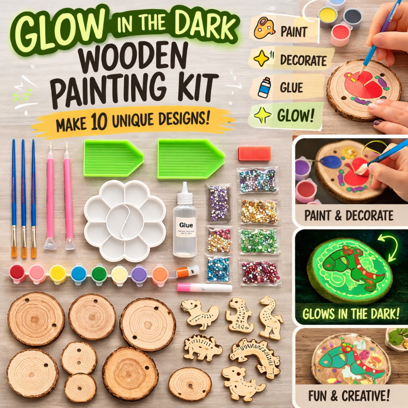 Glow in the Dark Wooden Painting Kit with paint, brushes, and wooden pieces on a wooden surface.