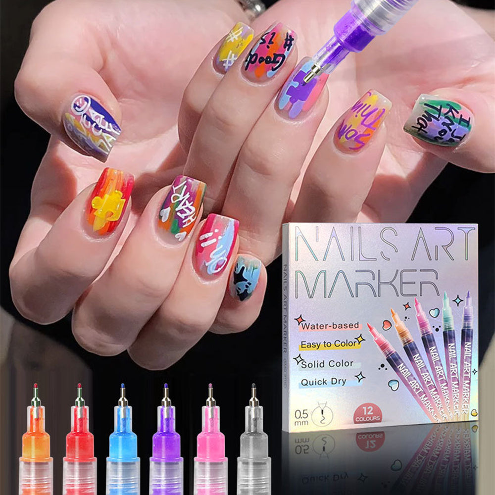Nail art marker set with colorful nail designs on nails and product packaging.