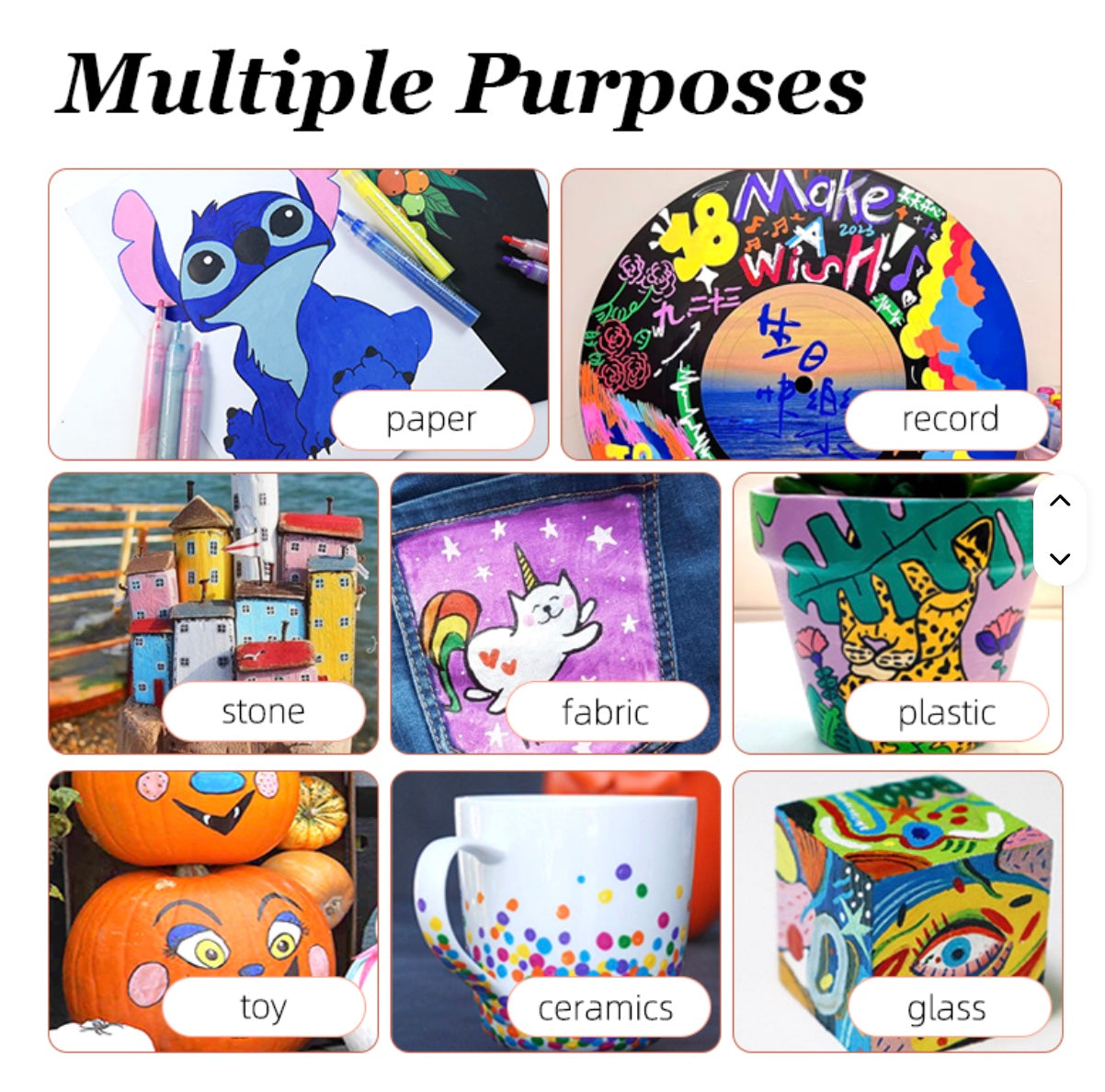 Picture showing the use of acrylic paint markers on various materials, such as paper, records, stone, fabric, plastic, toys, ceramics, and glass.