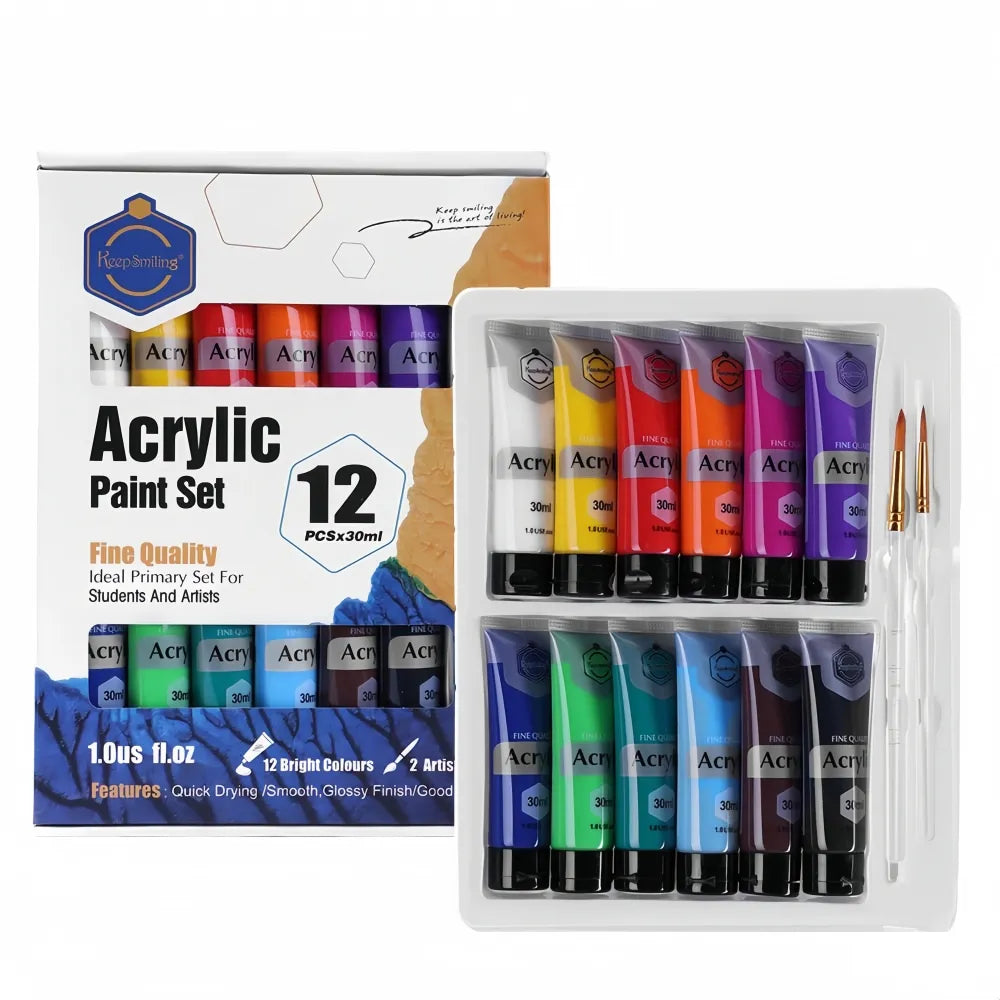 Keep Smiling - 12-Colours Acrylic Paint Set for Students & Artists (30mL Each)
