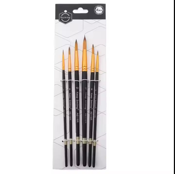 A set of six black matte nylon hair round brushes with different sizes, packaged in a clear plastic case.