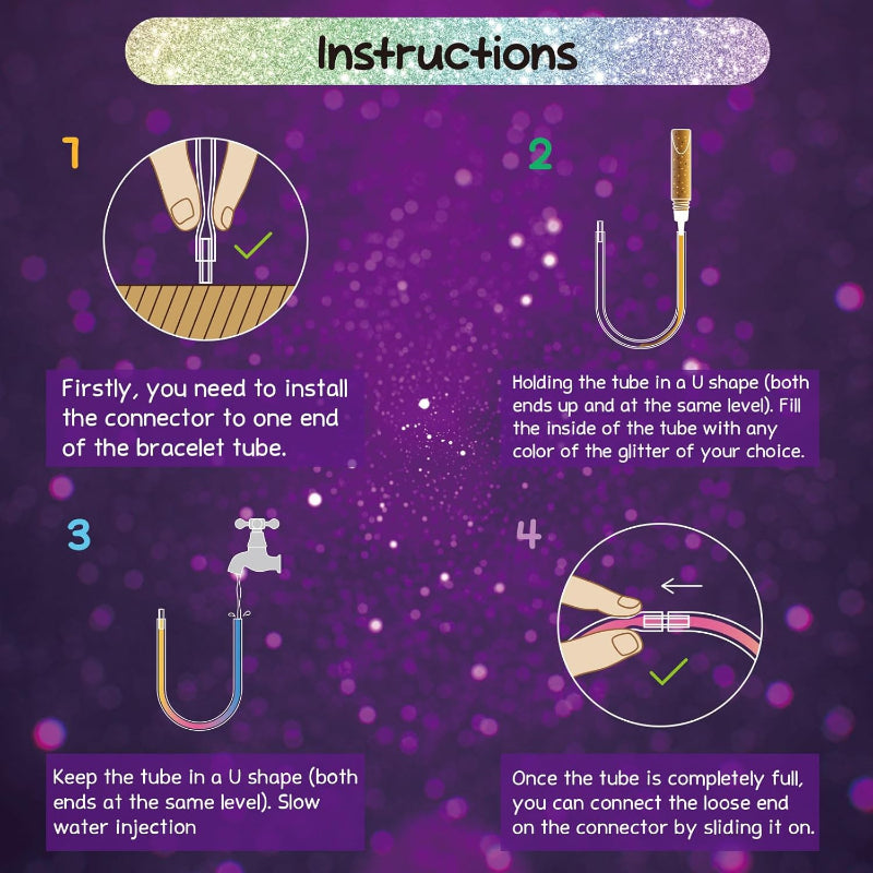 Instructions for using a glitter bracellet DIY kit
