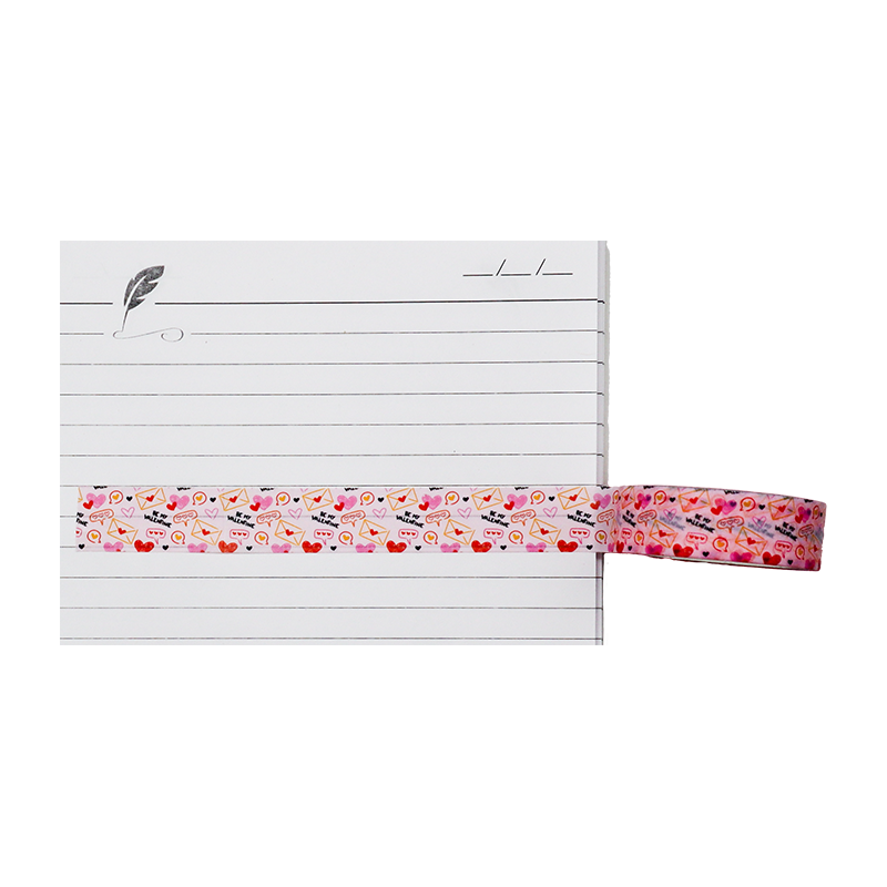washi tape with charming pattern of hearts, love letters, and "Be My Valentine" messages.