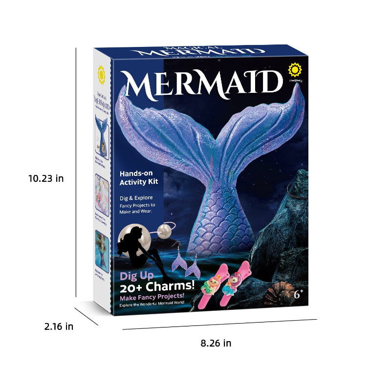 A 3D render of the Magical Mermaid Activity Kit box with white arrows indicating the physical dimensions: a height of 10.23 inches, a width of 8.26 inches, and a depth of 2.16 inches.