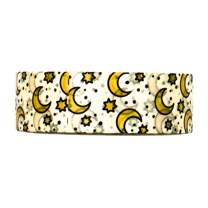 Shop for this beautiful golden washi tape featuring a dreamy pattern of moons and stars. Perfect for decorating journals, planners, and crafts with a celestial touch.