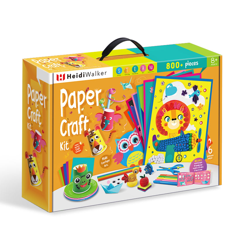 Front packaging of the HeidiWalker 3D Paper Craft Kit showing 800+ pieces, STEAM learning icon, carry handle, and sample 3D paper crafts.