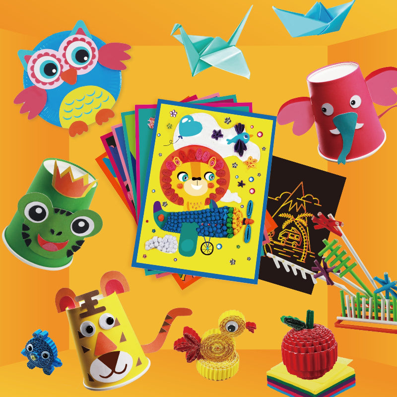 Assortment of handmade paper crafts showing a paper cup owl, frog, tiger, elephant, paper boats, quilled lion picture, and paper straws.