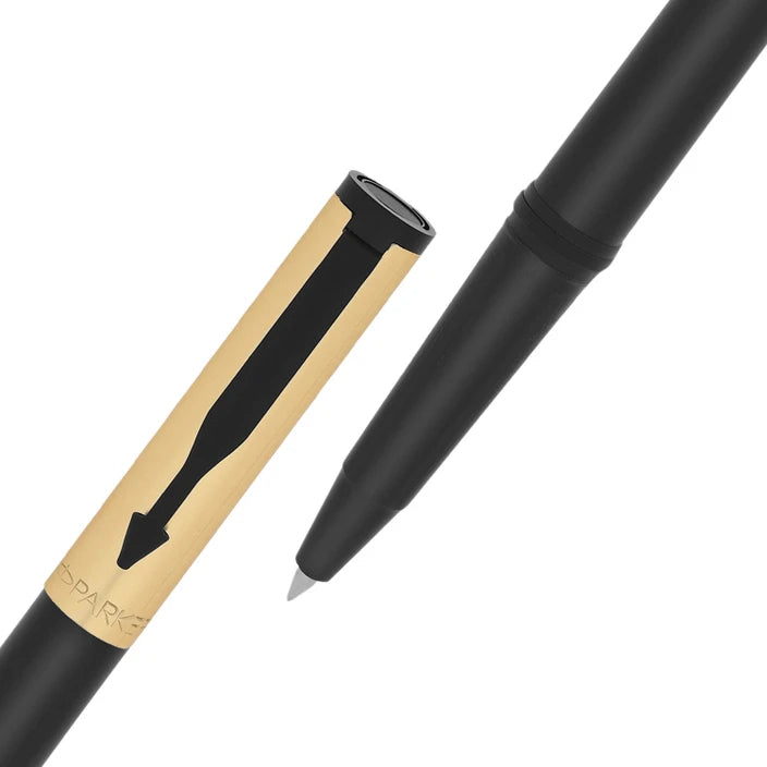 A close-up of the Parker Beta Premium Roller Ball Pen, highlighting its fine point, smooth writing