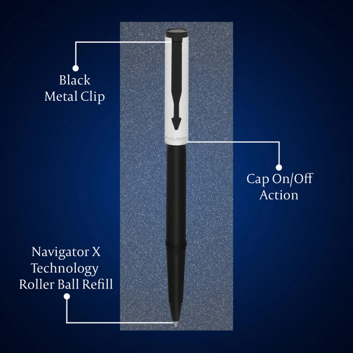 Person writing with the PARKER Beta Premium pen in a silver body, highlighting its smooth blue ink flow and comfortable grip