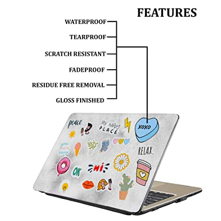 Laptop with colorful stickers on a white background, featuring text about product features.