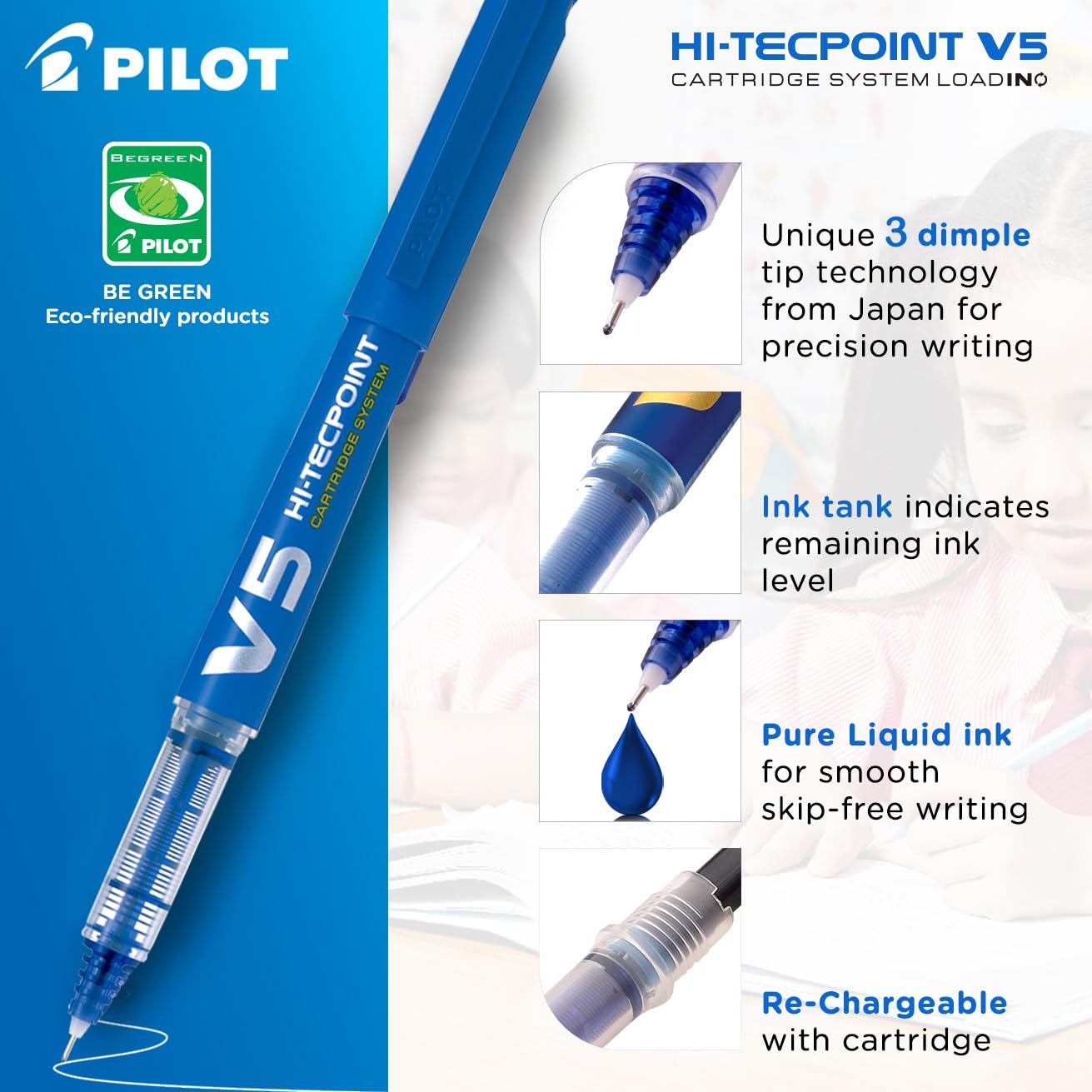 Pilot Hi-Tecpoint V5 pen with premium features highlighted