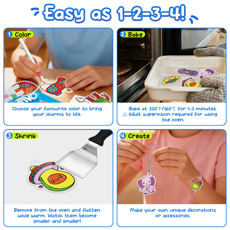 Step-by-step visual demonstration showing 1) colouring with markers, 2) baking in the oven at 160°C, 3) flattening warm shrinkies, and 4) making keychains.