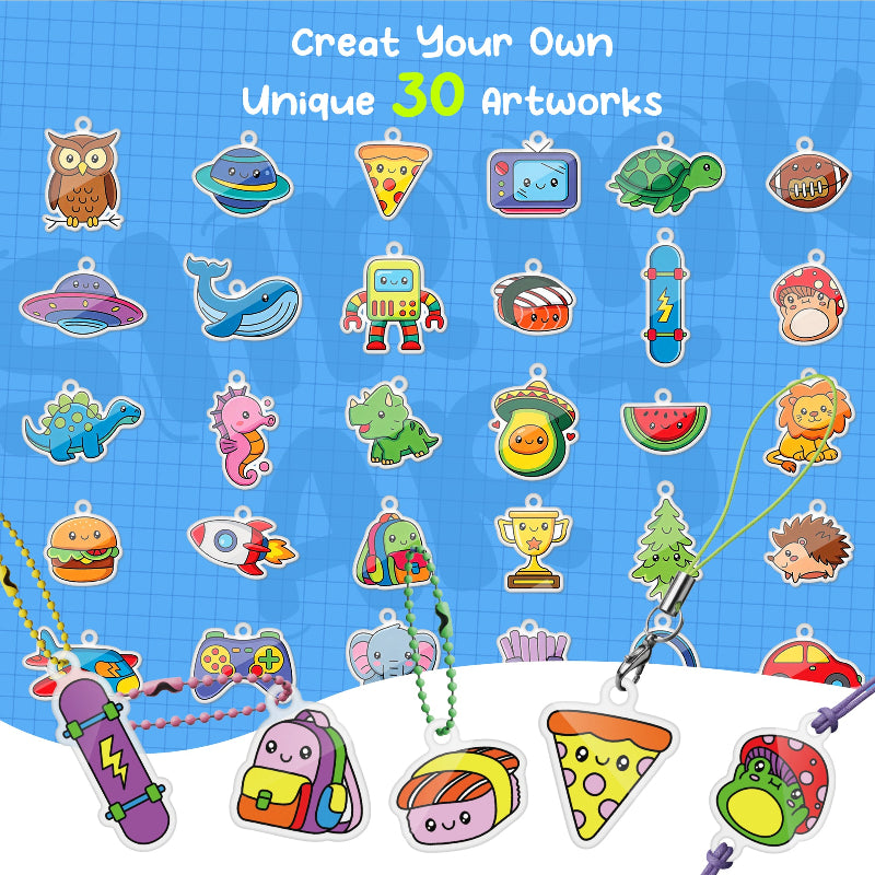 Array of 30 brightly colored finished shrink plastic charms including robots, dinosaurs, avocados, video game controllers, and sports designs.