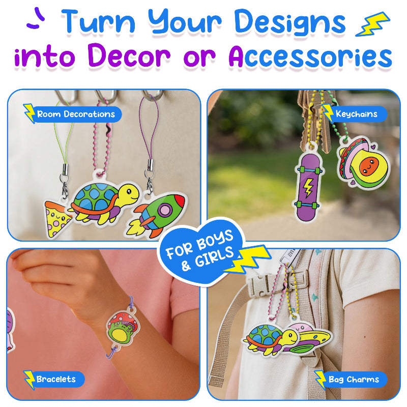 Real-life applications showing shrink art charms used as room decor hanging clips, house key chains, wrist bracelets, and backpack bag tags.