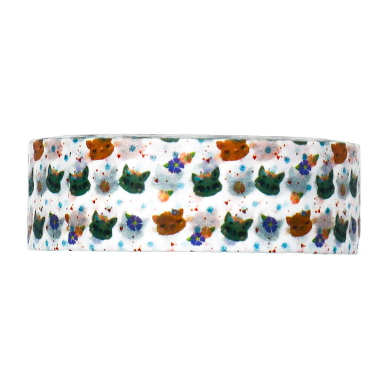 Shop for this adorable washi tape featuring colourful cat faces and flowers with a watercolor effect.