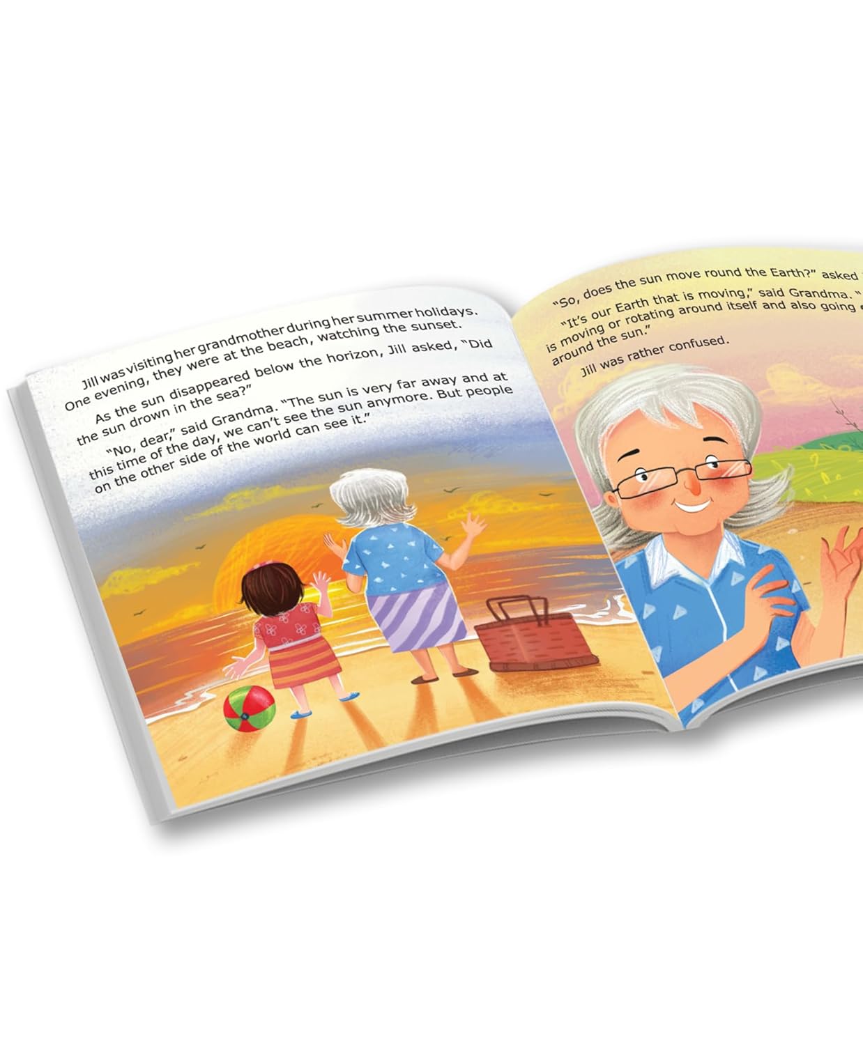 Open book showing illustration of a grandmother and child at the beach