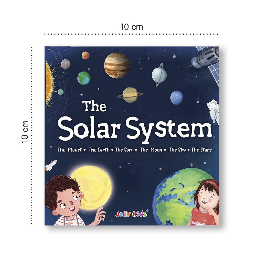 Book cover of 'The Solar System' with illustrations of planets and children, featuring measurements on the sides.