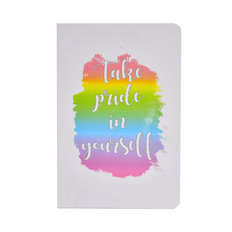 A notebook with a colorful cover featuring text 'Take pride in yourself' on a white background.