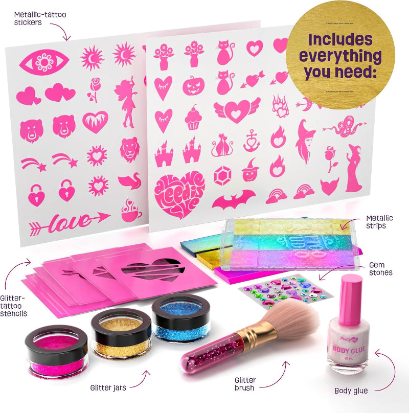 Overhead layout displaying all kit materials, including 3 glitter jars, body glue, application brush, stencil sheets, metallic transfer sheets, and stick-on gemstones.