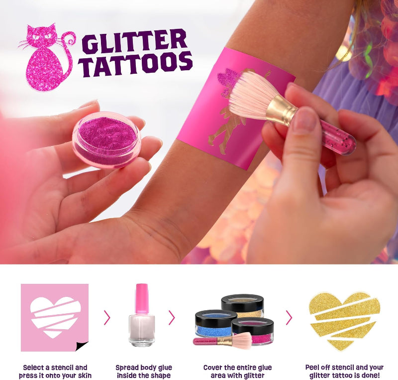 Close-up step-by-step graphic showing how to place a stencil, apply body glue, brush on glitter, and peel off the stencil to reveal the tattoo.