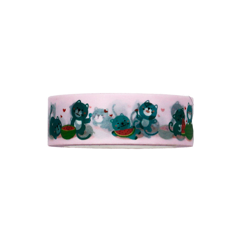 Features adorable cats in playful poses with watermelons on a light pink background on washi tape