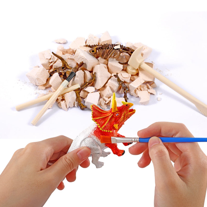 A split-view image showing the excavation of a brown dinosaur skeleton from plaster pieces and a person painting a white Triceratops figure with bright red paint.