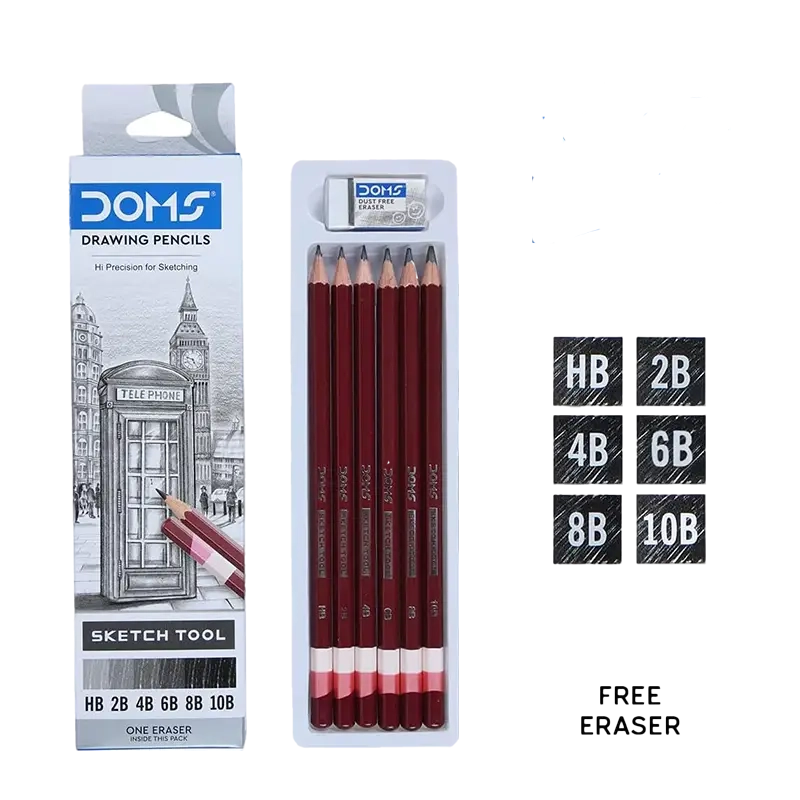 DOMS Premium Drawing Pencils (HB/2B/4B/6B/8B/10B)| 6 Pack