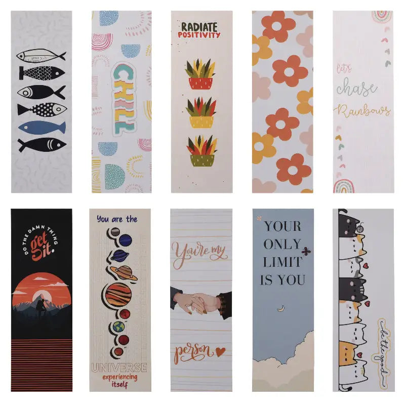 A collection of colorful paper bookmarks with various designs, including text, animals, and abstract patterns.