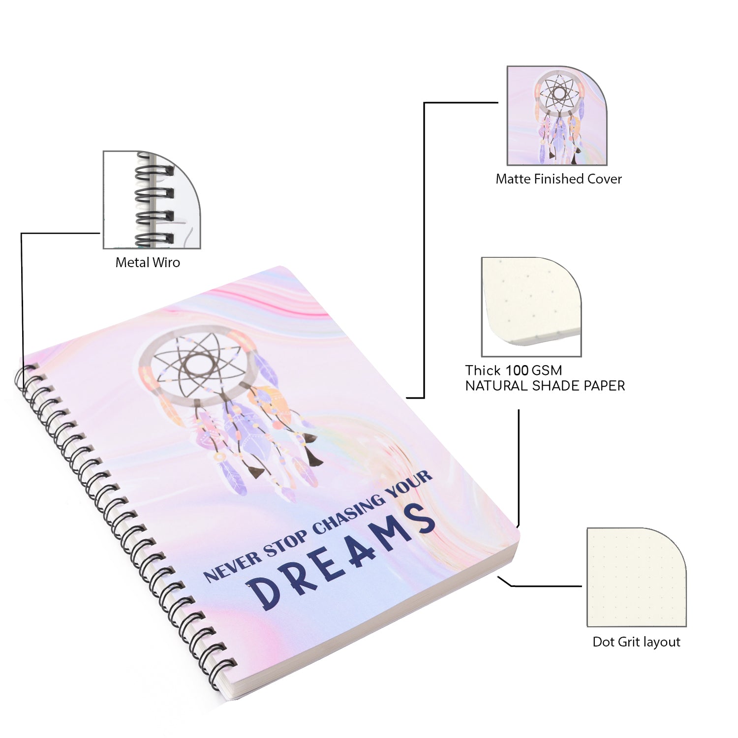 Never Stop Chasing Your Dreams Dotted A5 Wiro Journal - Journals