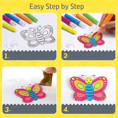 Step-by-step guide to coloring a butterfly with markers on a yellow background