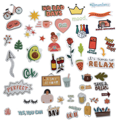 Collection of colorful stickers with various designs and text on a white background