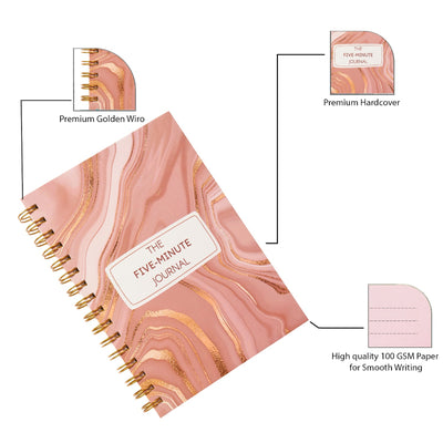 Marble-patterned notebook with gold accents labeled 'The Five-Minute Journal' on a white background.