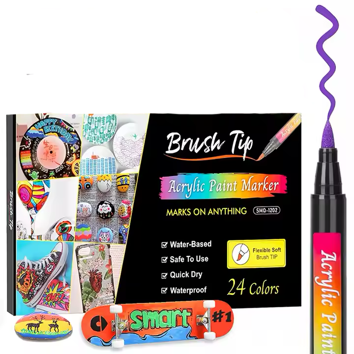 Acrylic paint marker with brush tip, water based, marks on anything, soft tip, quick dry, waterproof