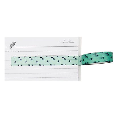 A charming washi tape with pattern of dark berries and leaves on a refreshing mint green background.